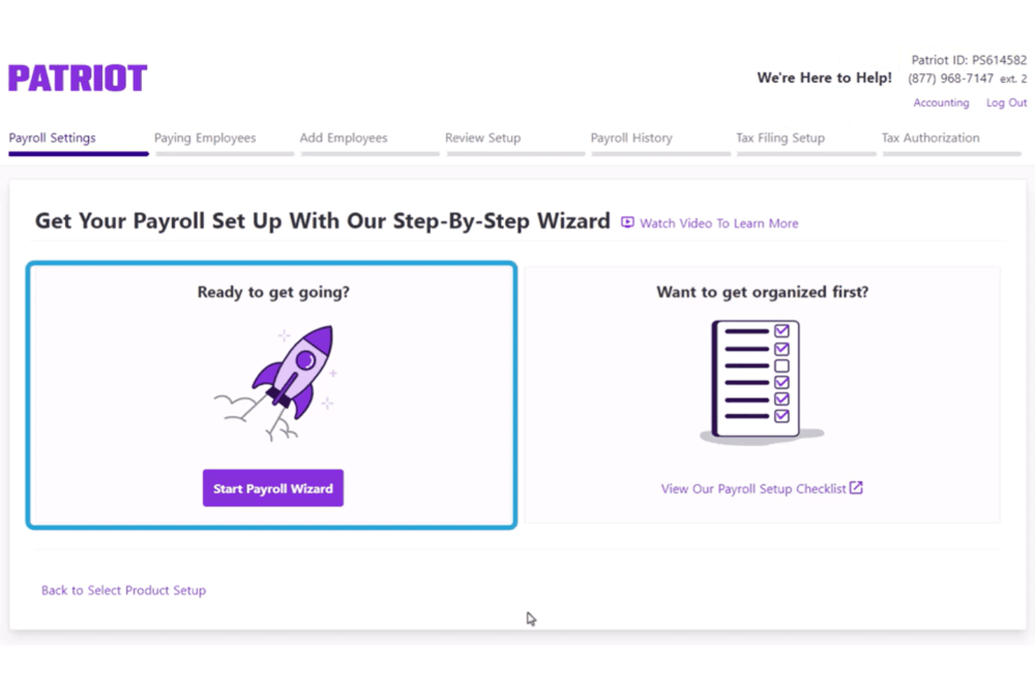 Pagina delle impostazioni delle paghe di Patriot Software con il pulsante Start Payroll Wizard e l'opzione per la lista di controllo della configurazione.