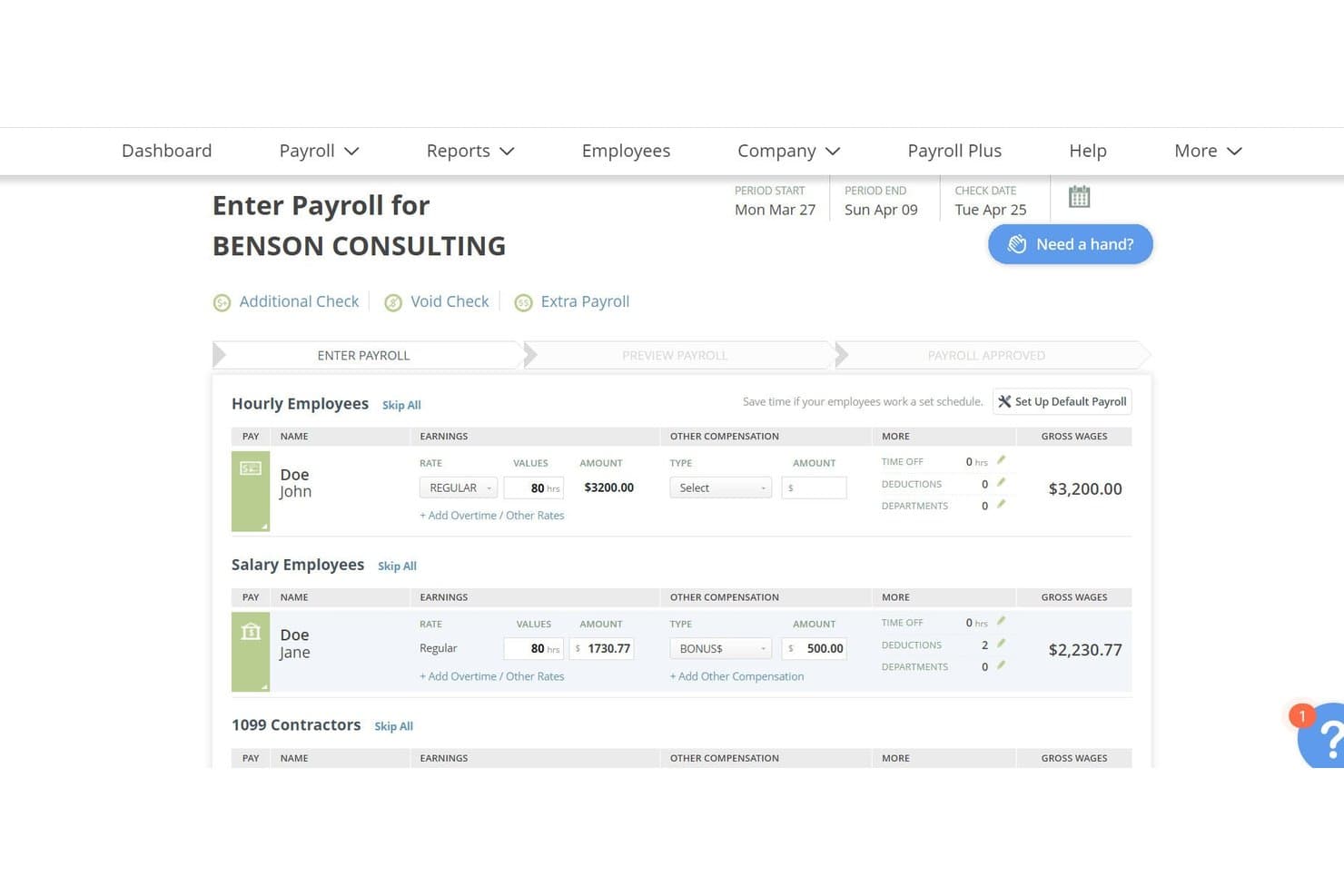 Schermata di inserimento delle paghe di SurePayroll che mostra i compensi dei dipendenti retribuiti a ore e con stipendio fisso, con le retribuzioni lorde
