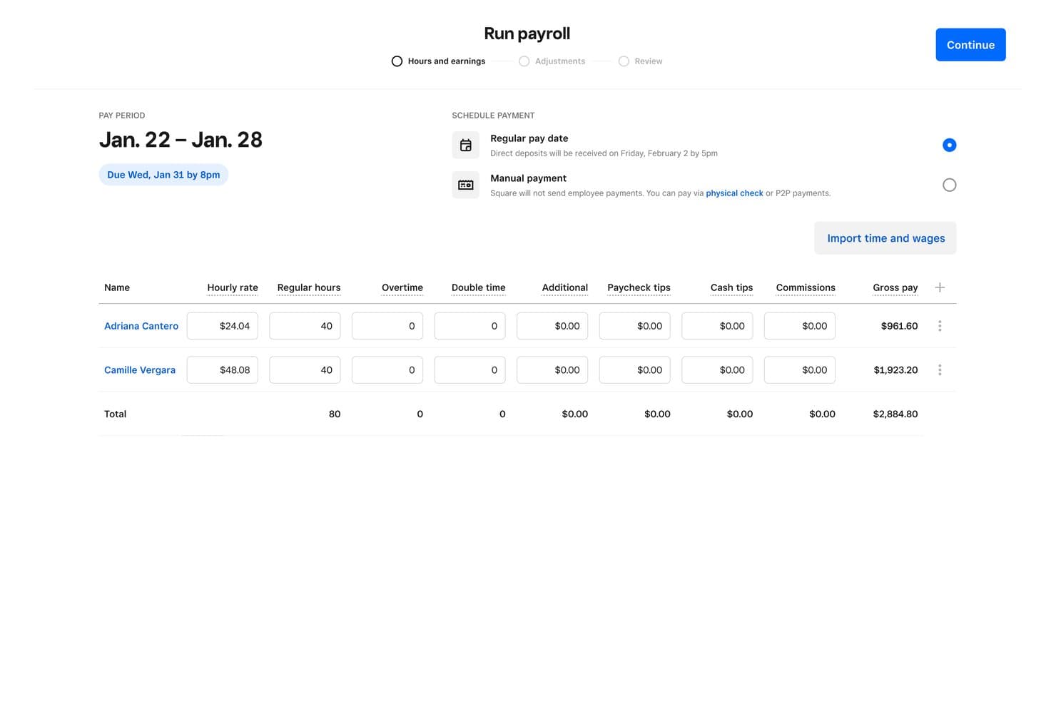Schermata di elaborazione delle paghe di Square Payroll che mostra le ore, le tariffe e la retribuzione lorda di due dipendenti, per un totale di $2,884.80.