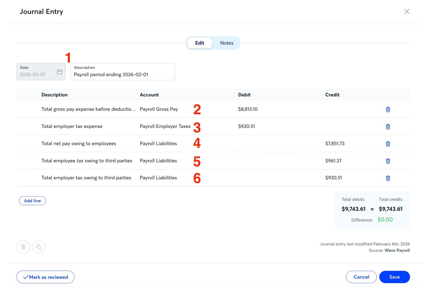 Registrazione contabile di Wave Payroll che mostra addebiti e accrediti delle buste paga per un totale di $9,743.61