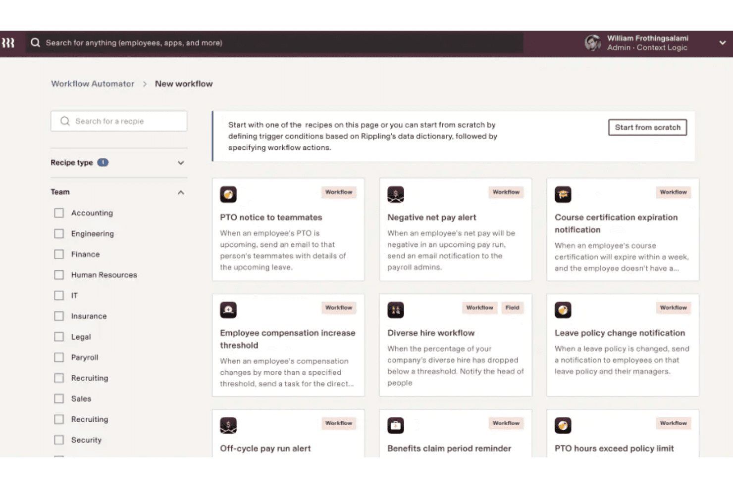 Interfaccia dell'Automatizzatore dei flussi di lavoro di Rippling che mostra modelli di ricette predefiniti per l'automazione delle risorse umane.