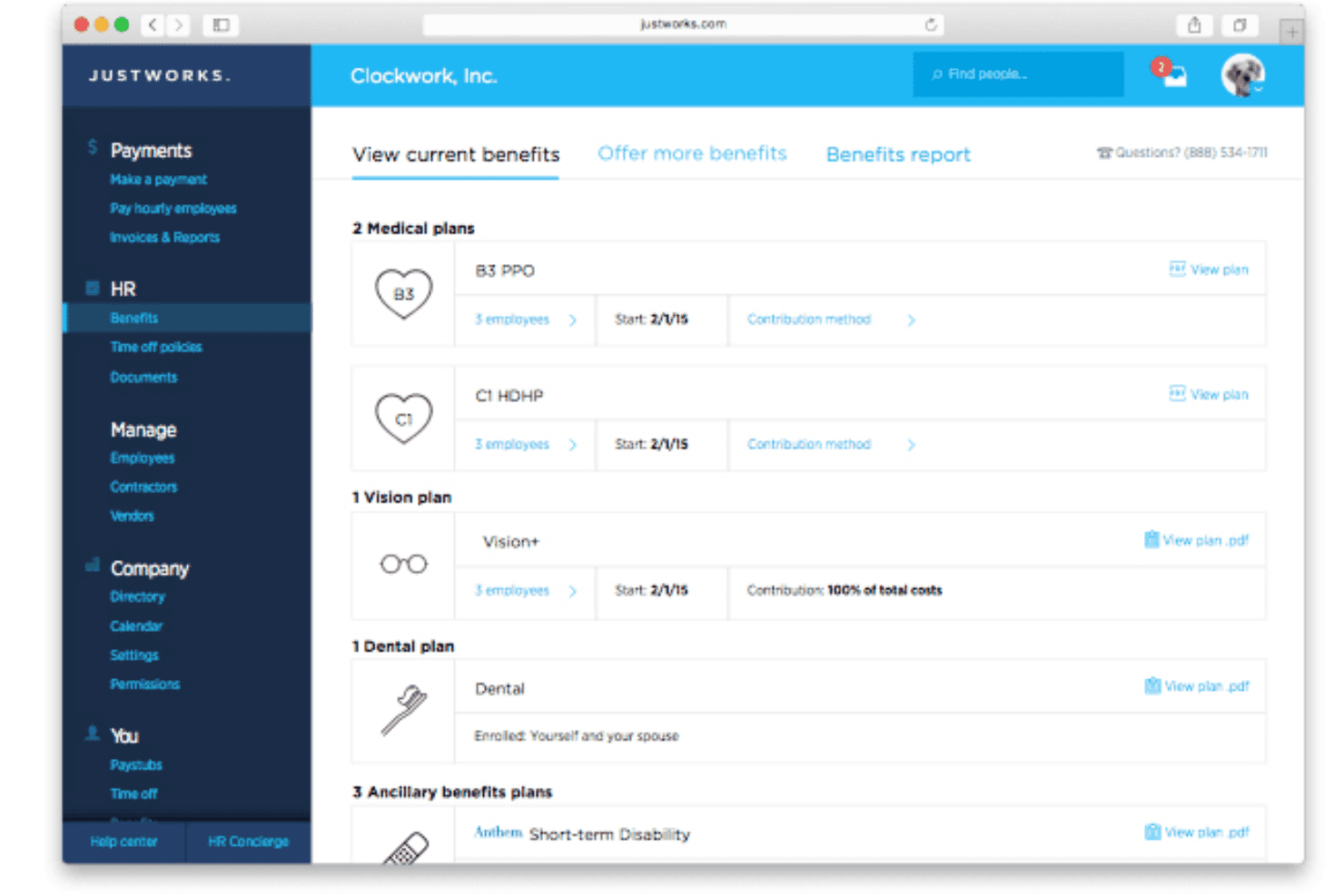 Dashboard dei benefit di Justworks che mostra i piani medici, oculistici, dentistici e accessori per i dipendenti.