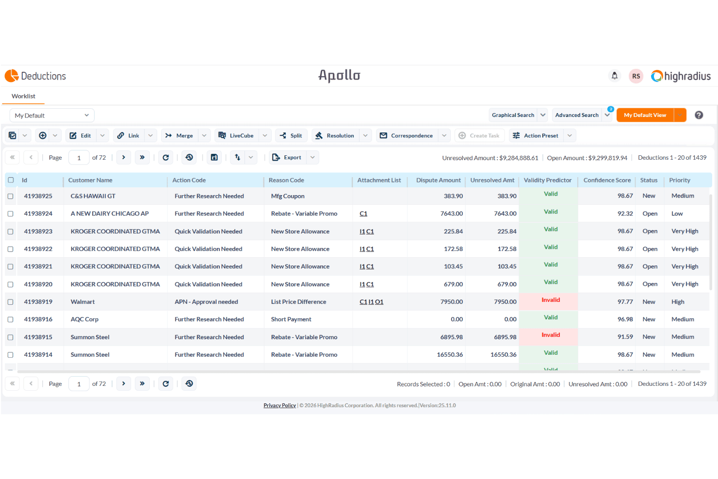 HighRadius Deductions worklist showing customer deductions with validity scores and statuses.
