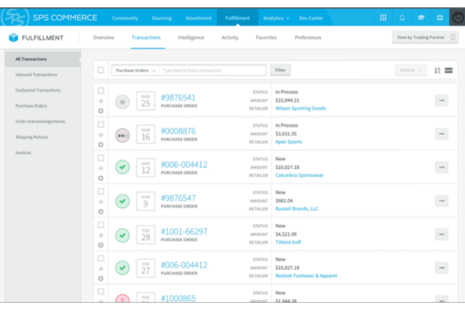 SPS Commerce Fulfillment dashboard listing purchase orders with status and amounts.