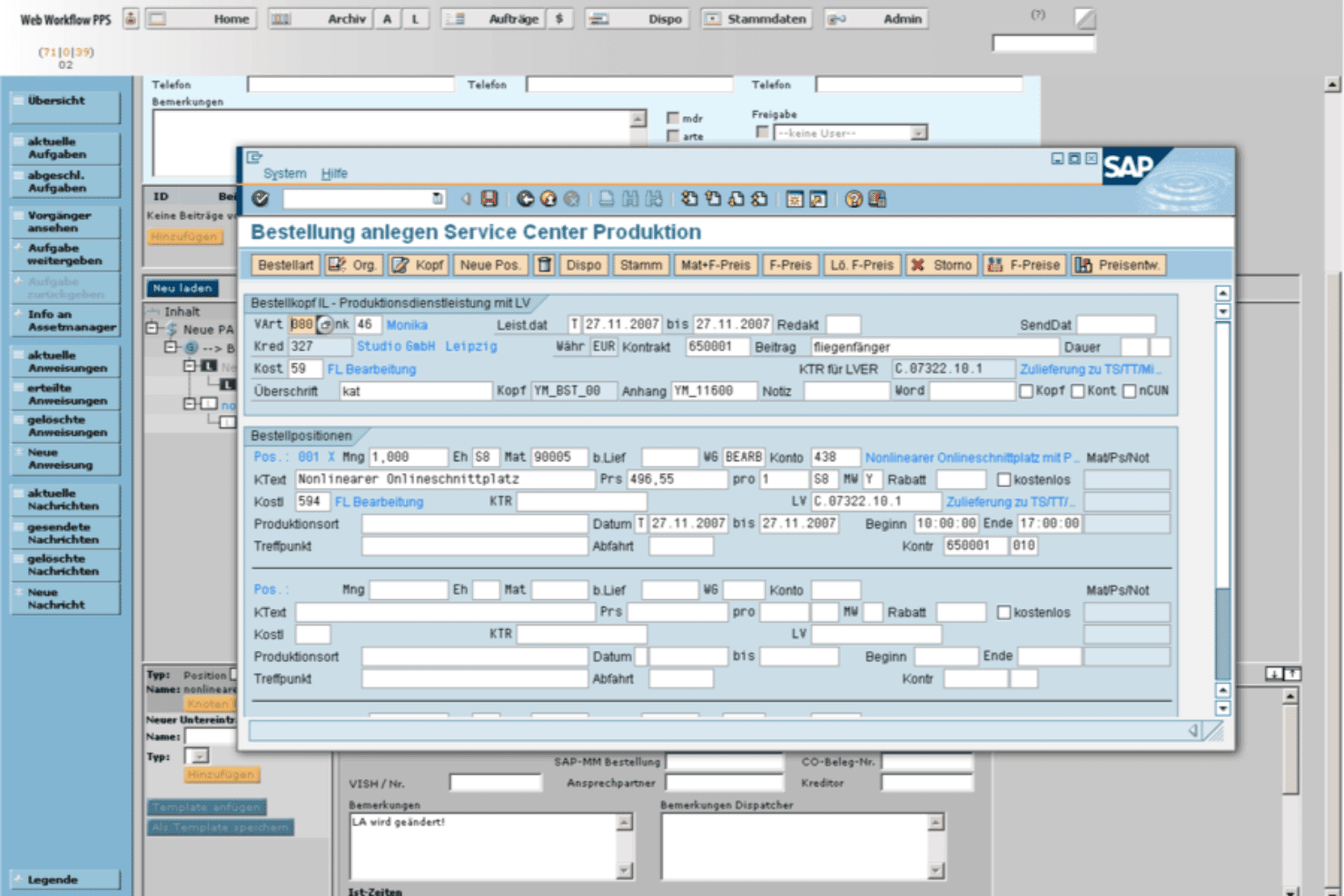 SAP dialog box for creating a service center production order with form fields.
