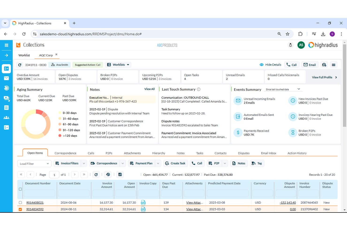 HighRadius Collections dashboard showing aging summary, open invoices, and dispute statuses.