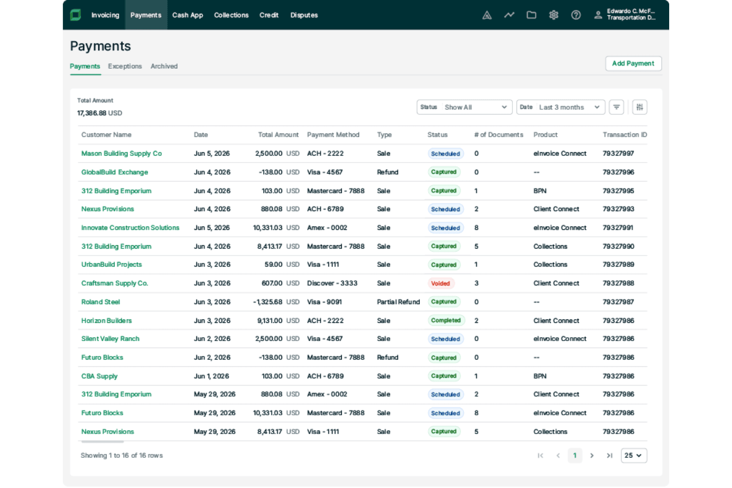 Billtrust Payments dashboard listing transactions with status, amount, and payment method.
