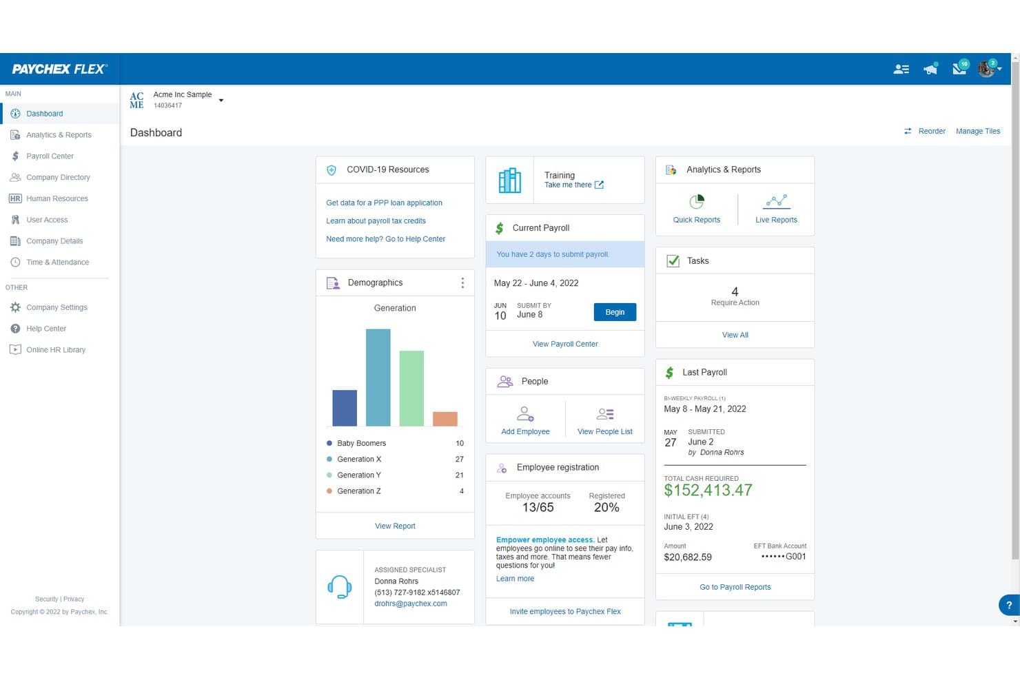 Panel de Paychex Flex que muestra nóminas, datos demográficos, tareas e informes.