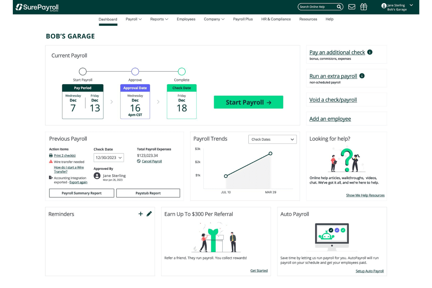 SurePayroll-kontrolpanel, der viser den aktuelle lønkørselsplan, tendenser og links til hurtige handlinger.