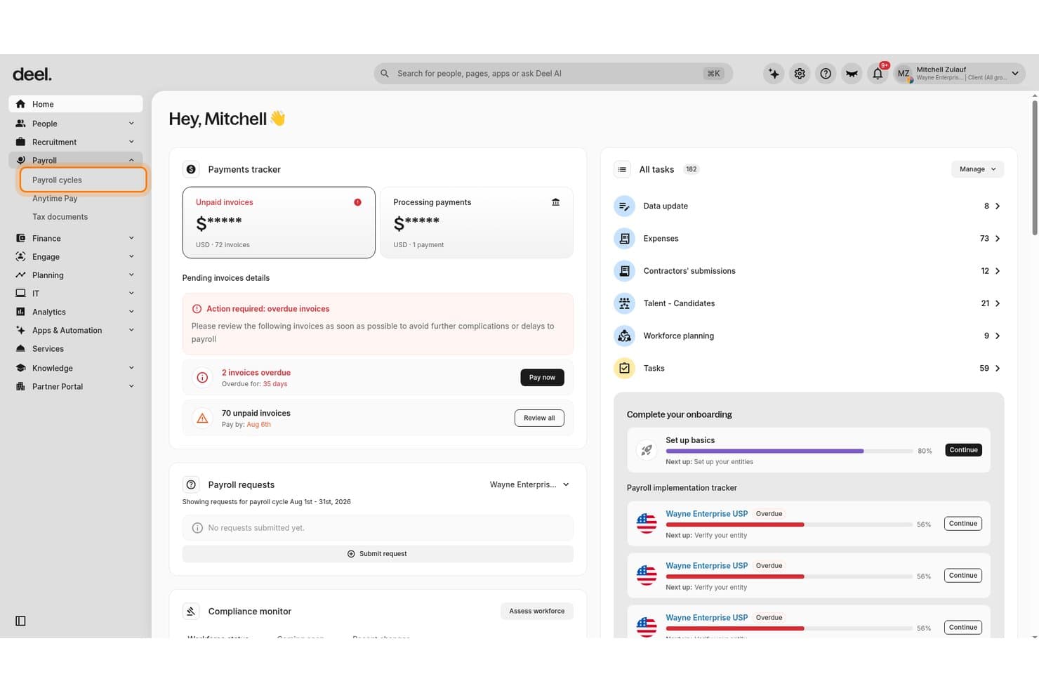 Panel de nóminas de Deel que muestra facturas impagadas, el seguimiento de pagos y una lista de tareas.