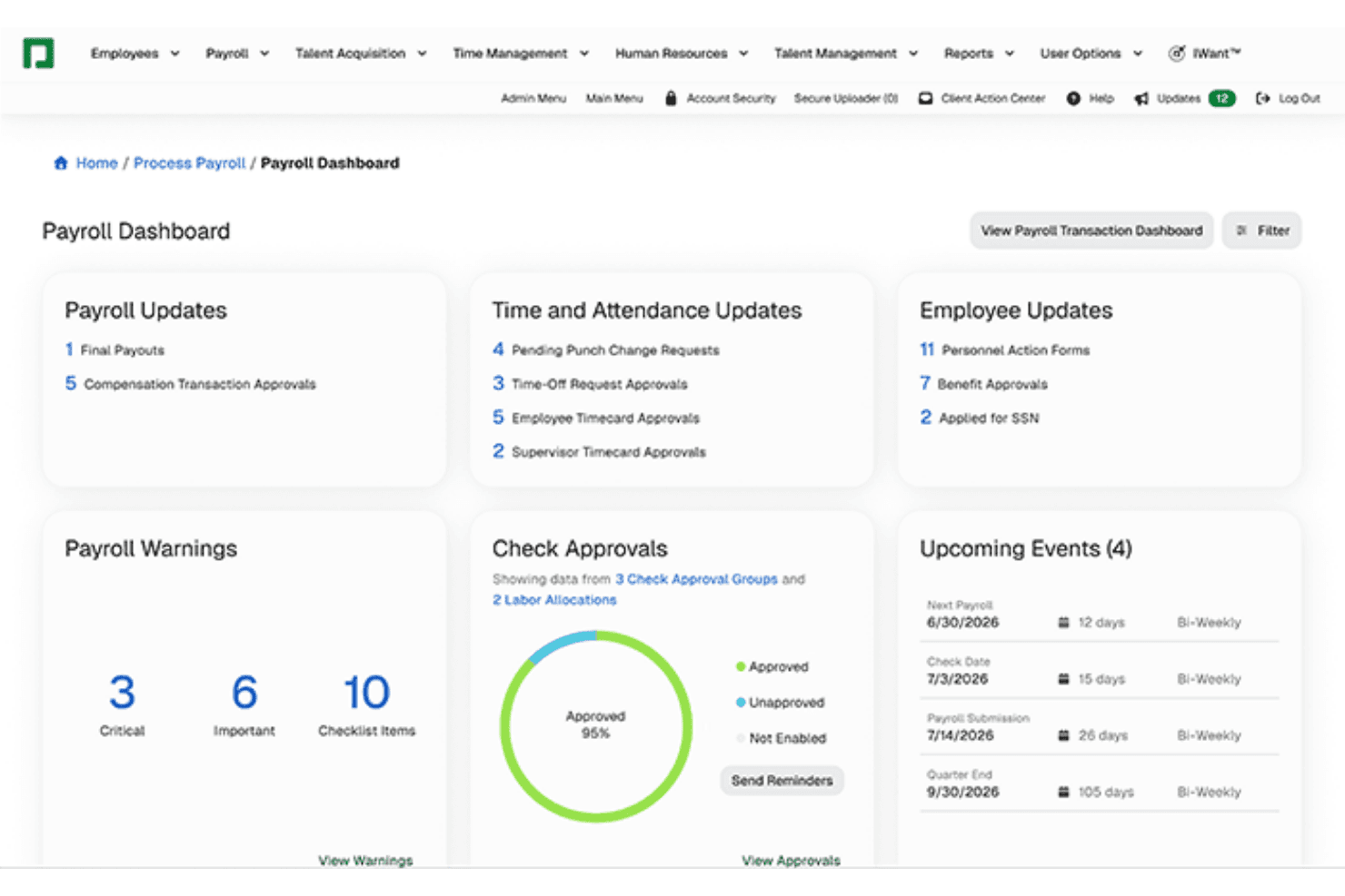 Paycoms løndashboard viser lønopdateringer, advarsler, godkendelser af lønsedler og kommende begivenheder.