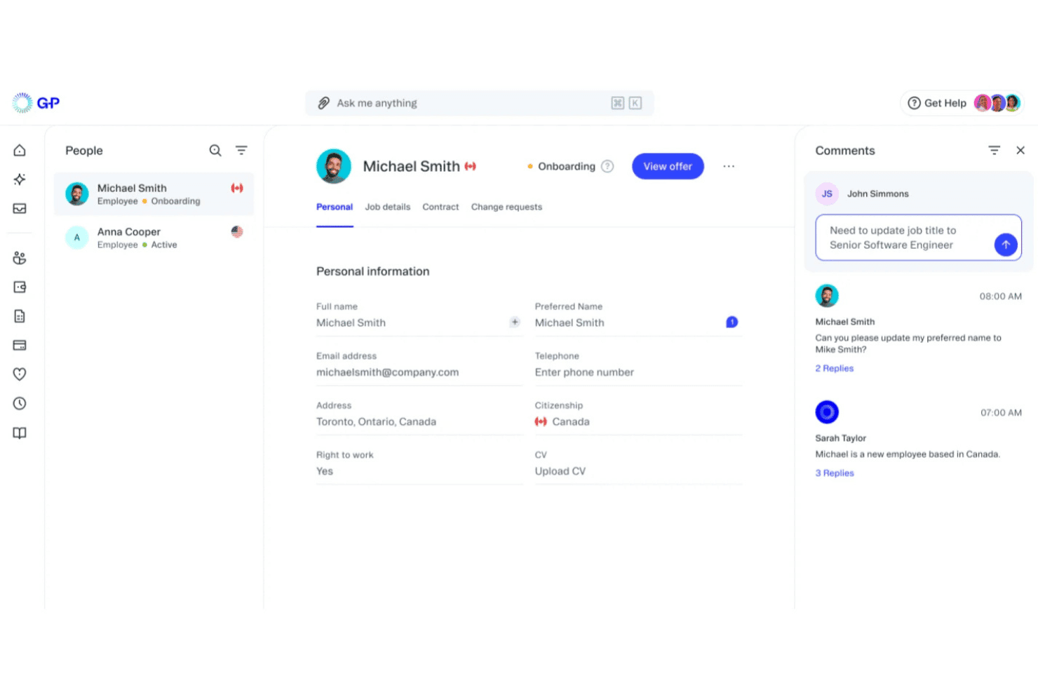 HR-platform, der viser en medarbejderprofil med personlige oplysninger og et kommentarspanel.