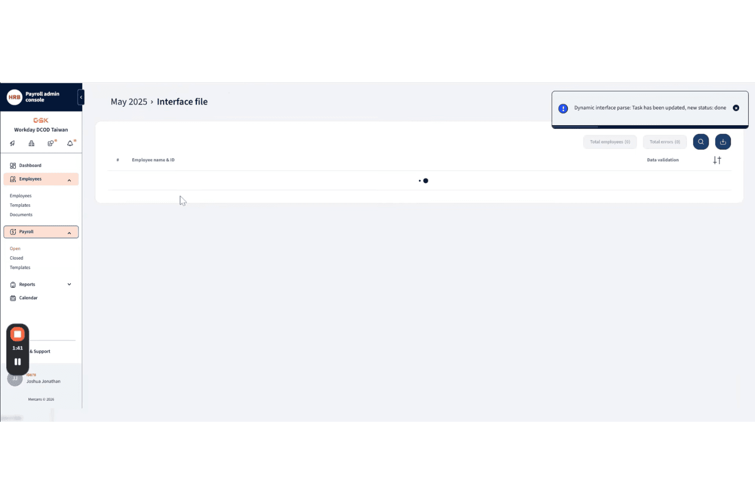 Console d’administration de la paie affichant la page des fichiers d’interface avec un tableau de validation des données des employés.