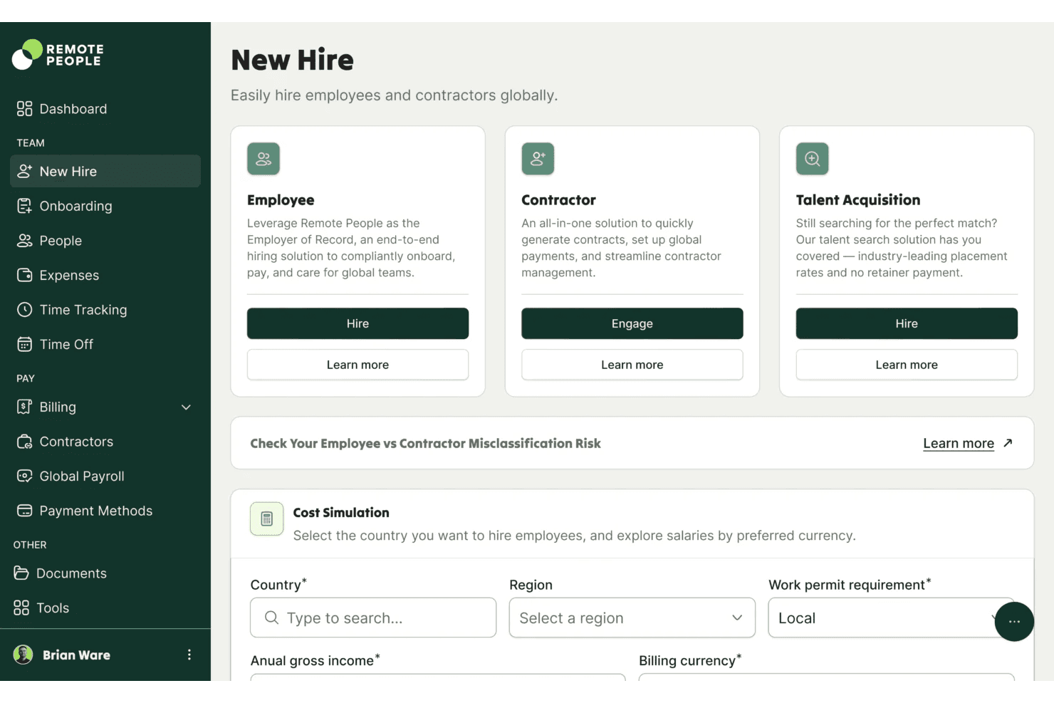 Tableau de bord des nouvelles recrues de Remote People avec les options Salarié, Prestataire et Acquisition de talents.