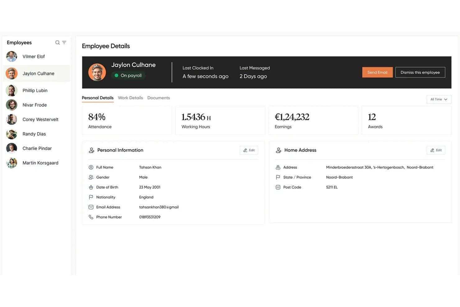 Tableau de bord RH affichant les informations des employés, le statut de la paie, les présences, les rémunérations et les données personnelles.