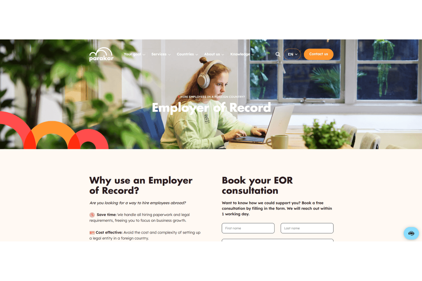 Site web de Parakar présentant la page du service d'employeur de référence avec un formulaire de prise de rendez-vous pour une consultation.