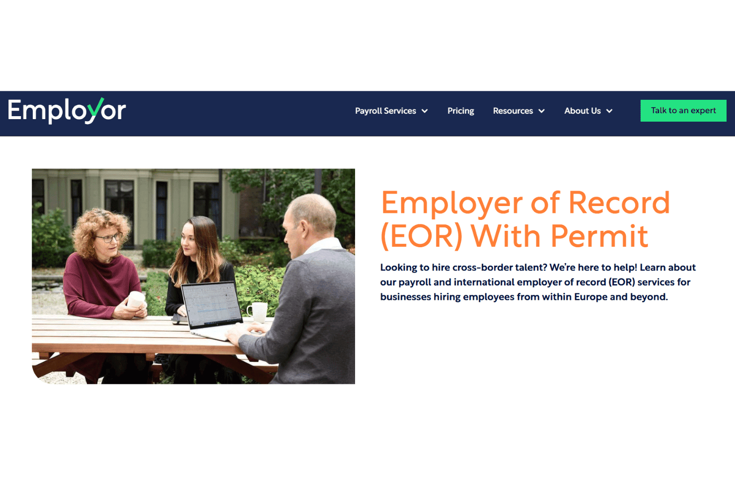 Site web d’Employor affichant la page de service d’employeur de référence EOR avec permis.