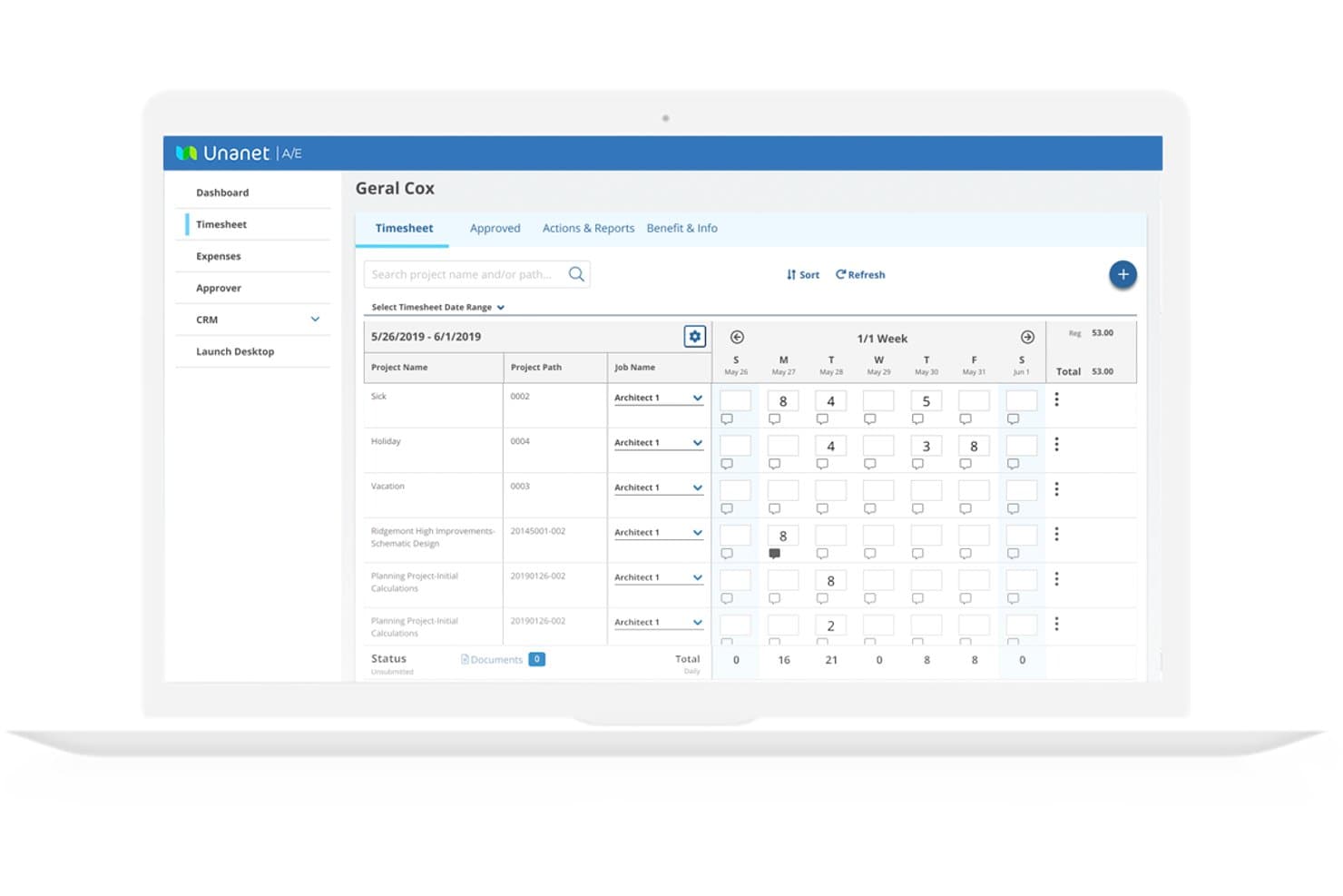 Unanet AE timesheet interface showing weekly hours logged across multiple projects.