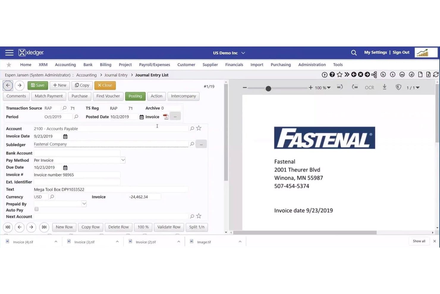 Xledger journal entry form showing Fastenal invoice with accounts payable details.