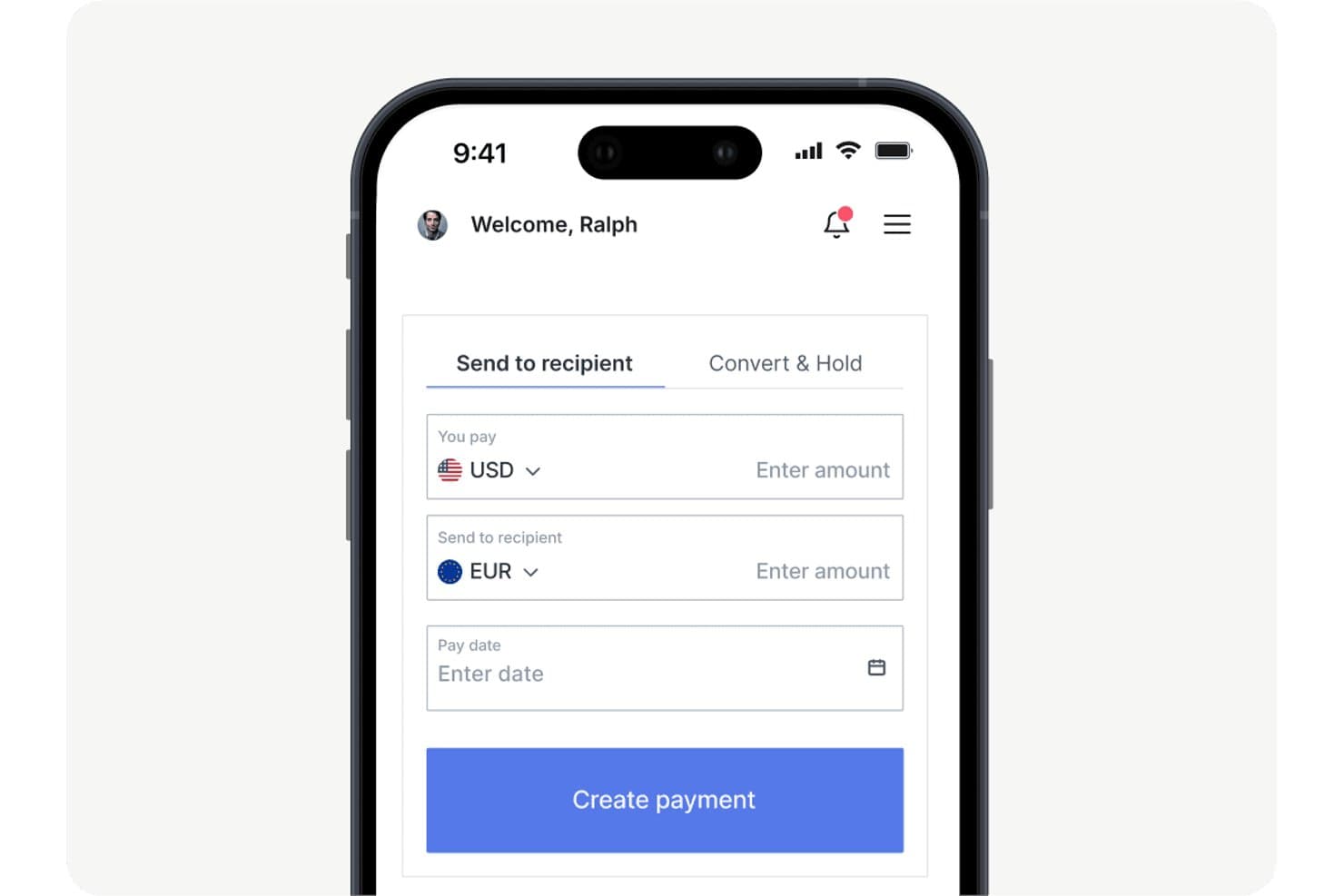 Mobiilisovelluksen lomake USD-maksun lähettämiseen EUR-vastaanottajalle, jossa on maksupäiväkenttä.