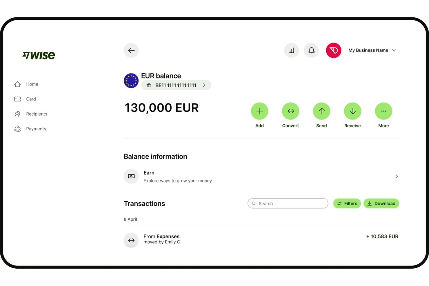 Wise Businessin EUR-saldonäkymä, jossa näkyy 130 000 EUR:n saldo ja tapahtumahistoria.