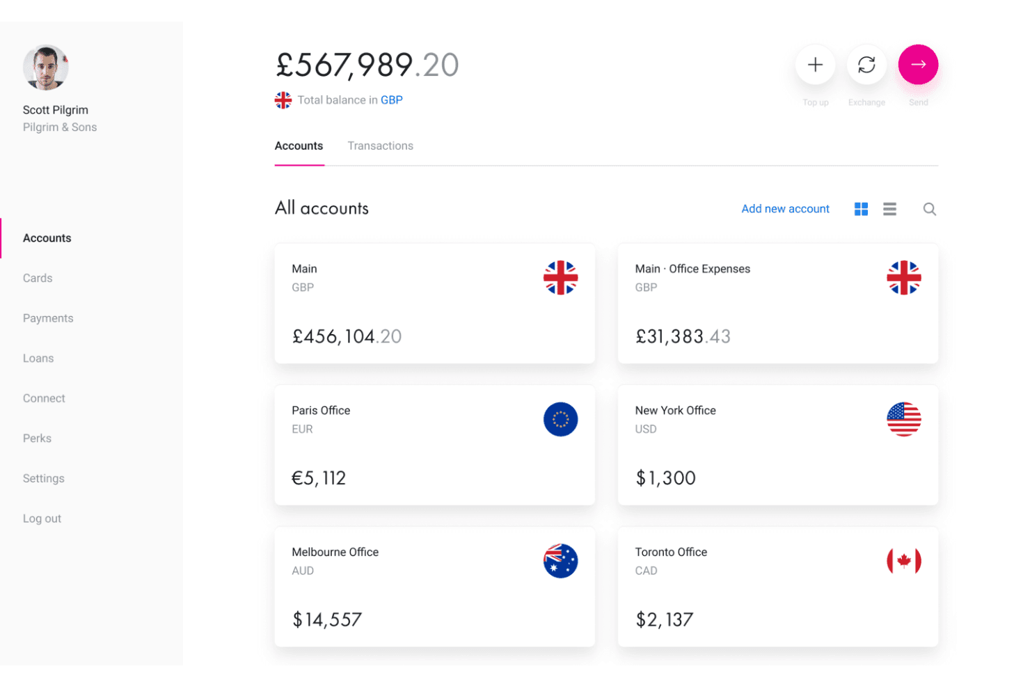 Revolut Business -hallintapaneeli, jossa näkyy kuusi monivaluuttatiliä saldoineen.