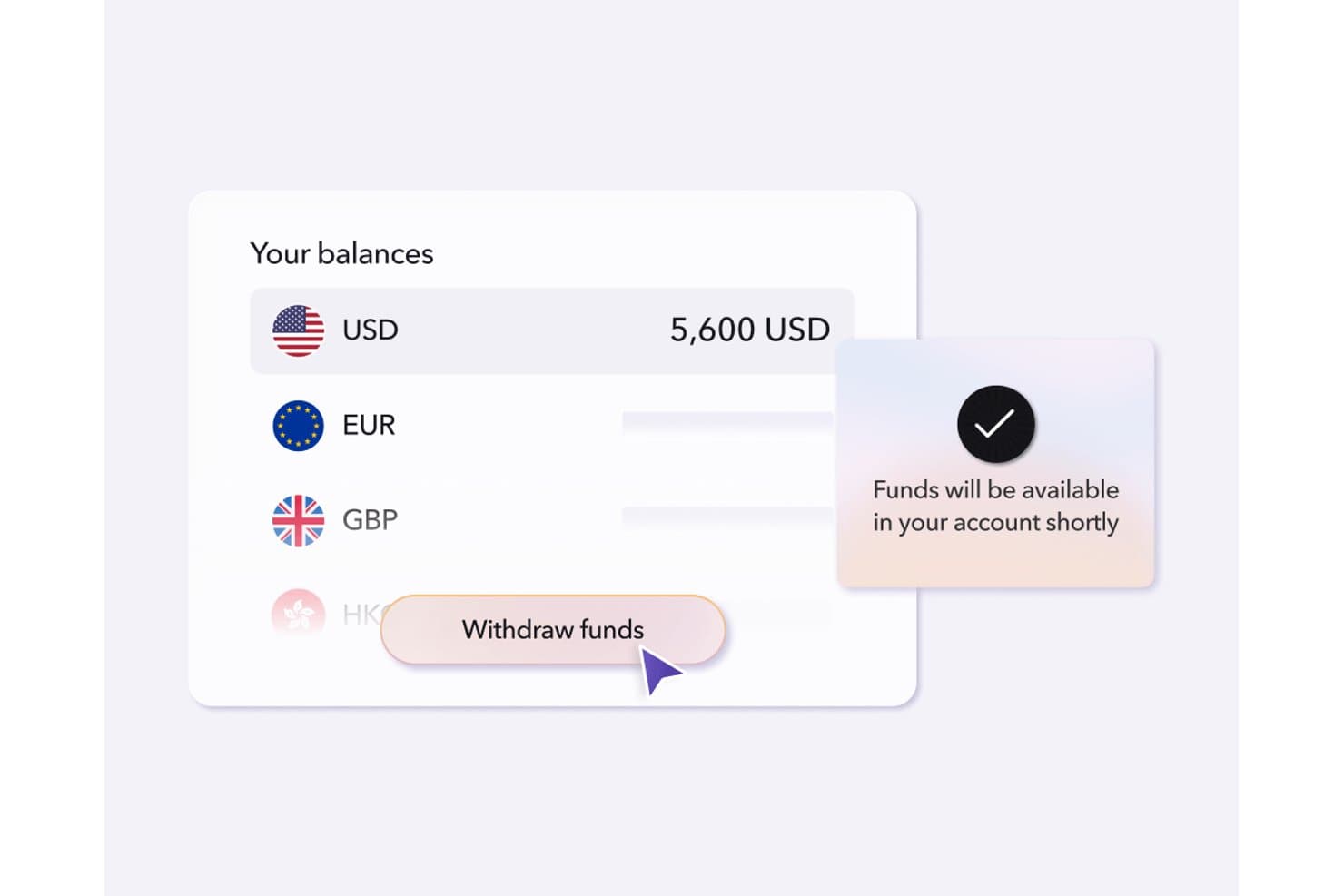 Payoneerin saldonäkymä, jossa näkyvät USD-, EUR- ja GBP-tilit sekä varojen nostopainike.
