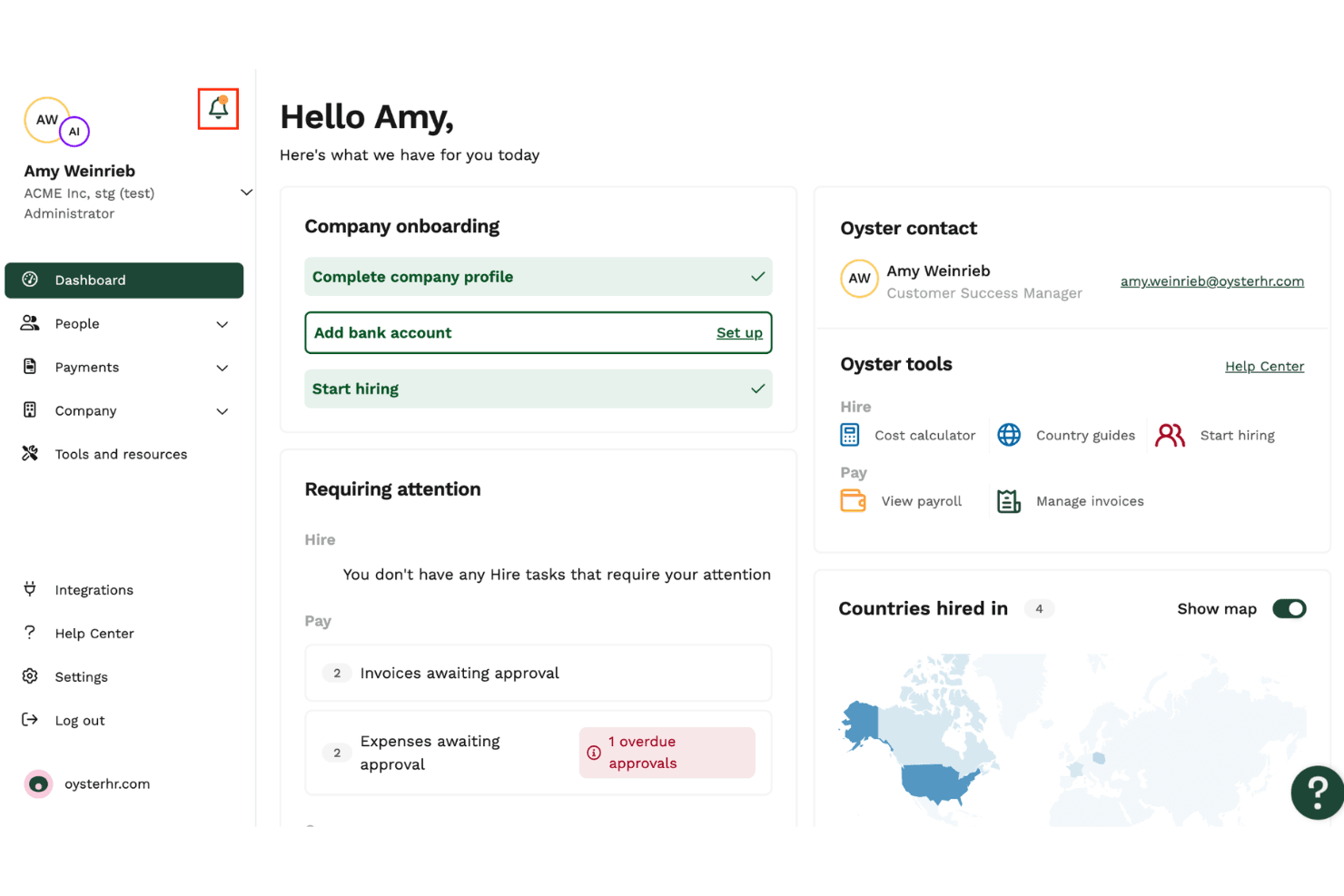 Tableau de bord administrateur d’Oyster HR affichant la liste de contrôle de l’intégration, les validations en attente et la carte des recrutements.