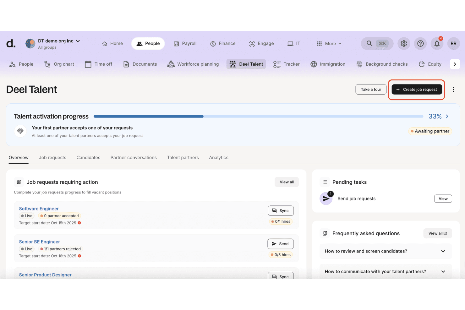 Deel Talent-dashboard, der viser jobanmodninger, ansættelsesfremskridt og afventende opgaver.
