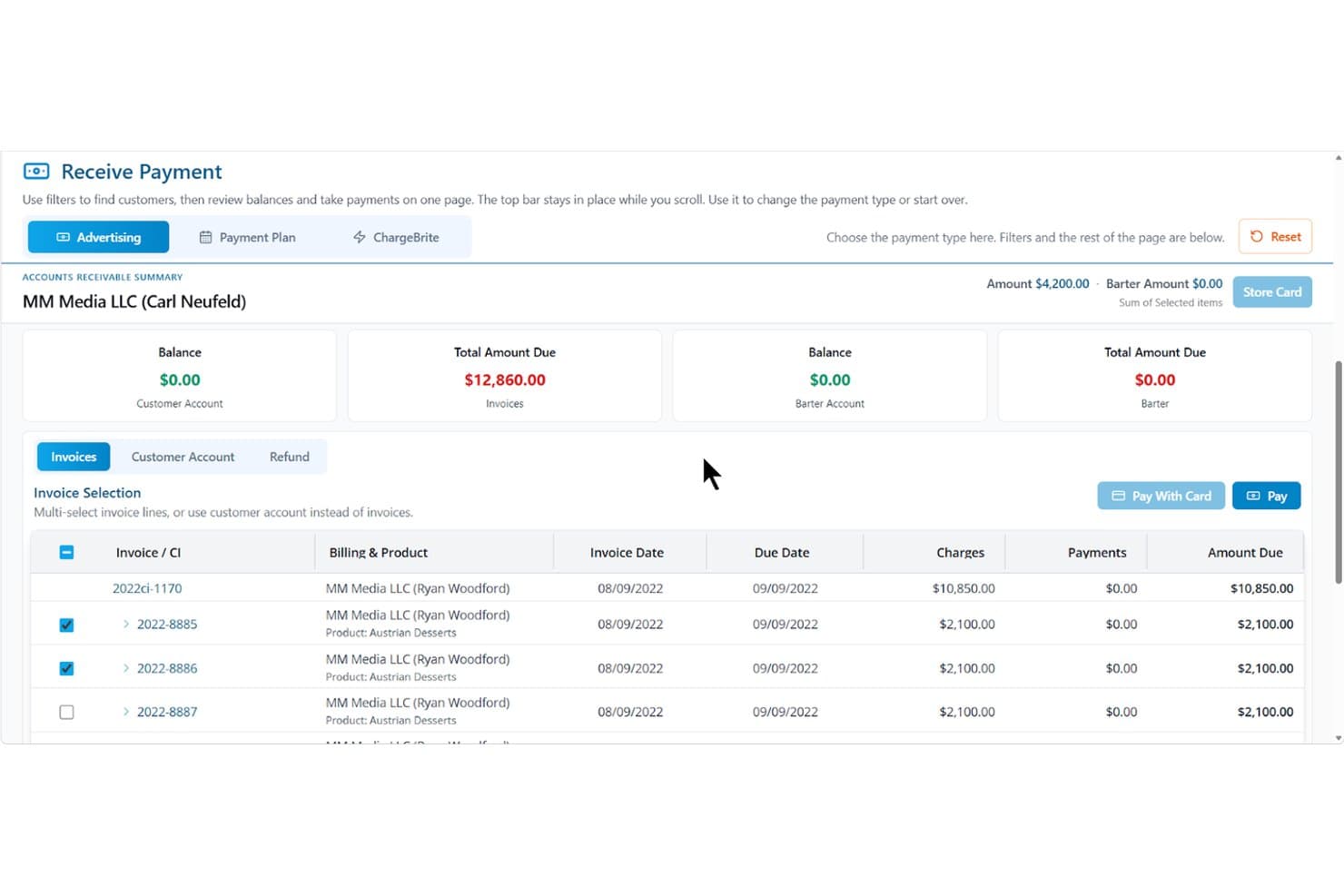 Magazine Manager receive payment screen showing invoices and accounts receivable summary.