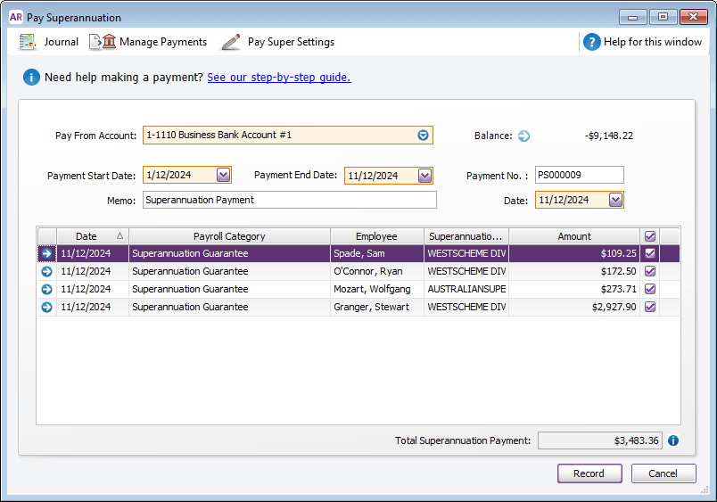 MYOB screenshot