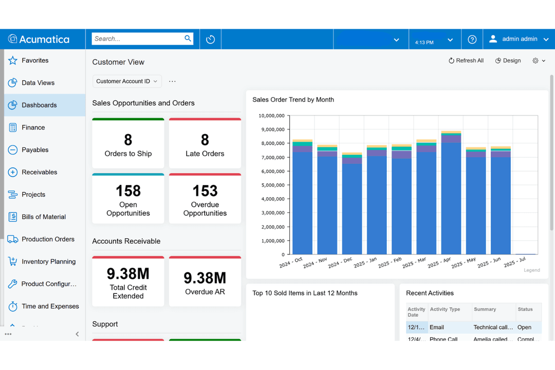 Acumatica ERP unifies finance, inventory, CRM, and operations.