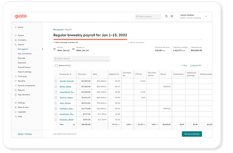 Gusto handles payroll, benefits, and HR tasks in one easy platform.