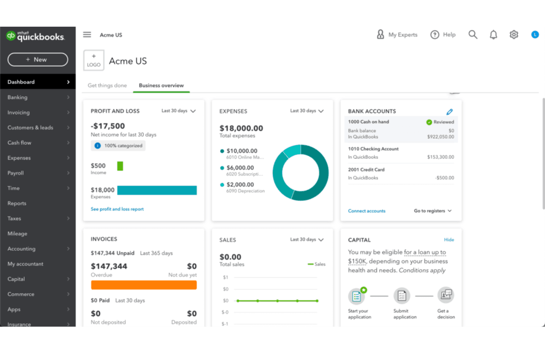 QuickBooks manages accounting with invoicing, expense tracking, and reports.