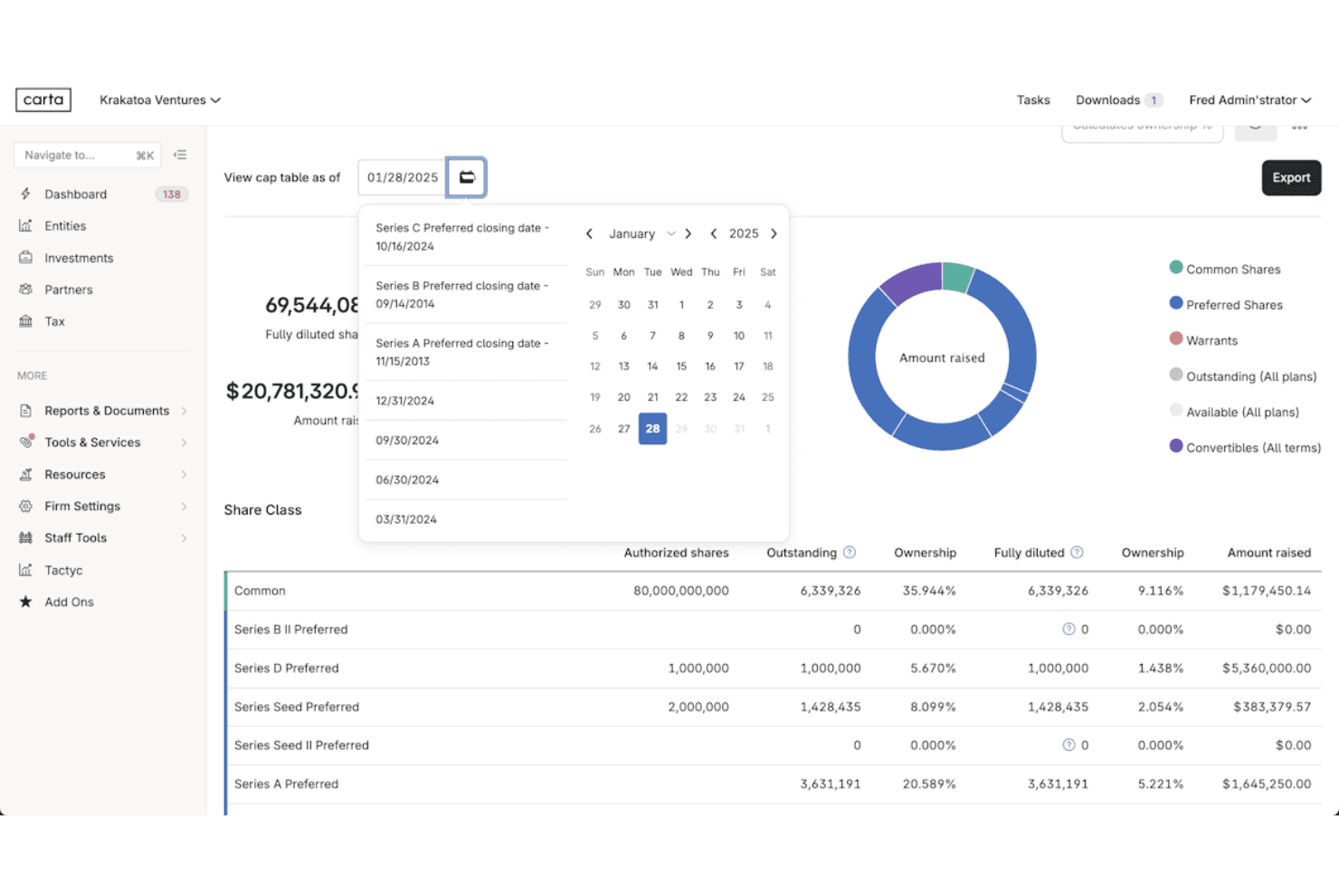 Carta simplifies equity and financial reporting with integrated cap table tools.