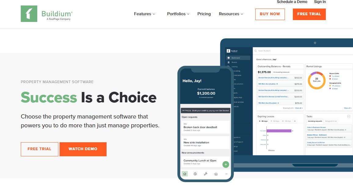 Buildium centralizes leasing, payments, and maintenance for property management.