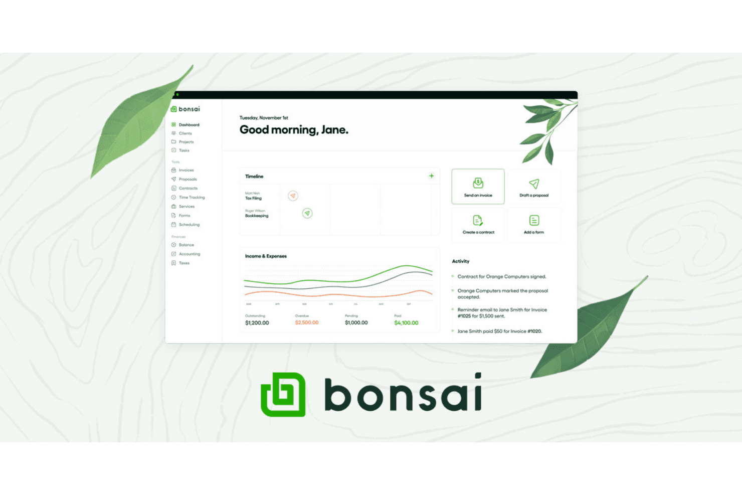 Bonsai automates invoicing, expense tracking, and client billing for freelancers.