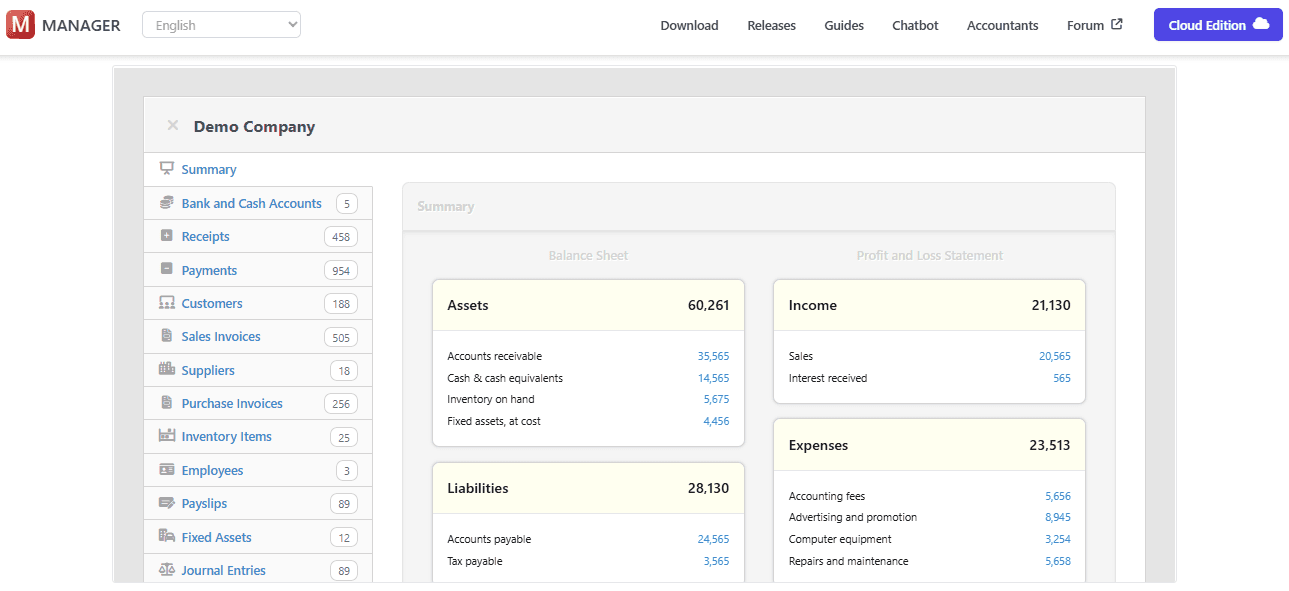 Manager.io tracks finances, showing accounts, transactions, and business summaries.