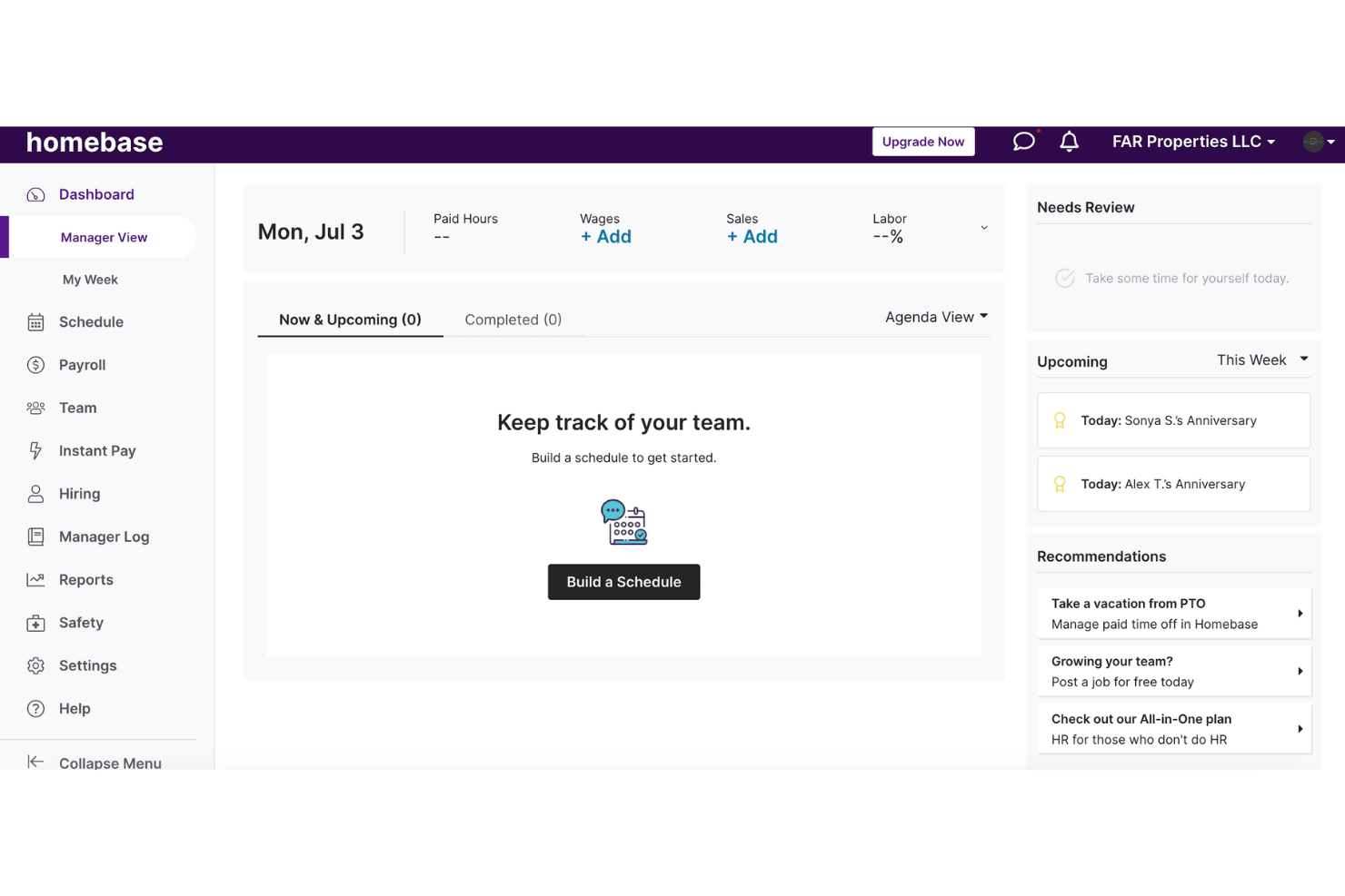 Homebase manages scheduling, time tracking, and payroll for shift-based small teams.