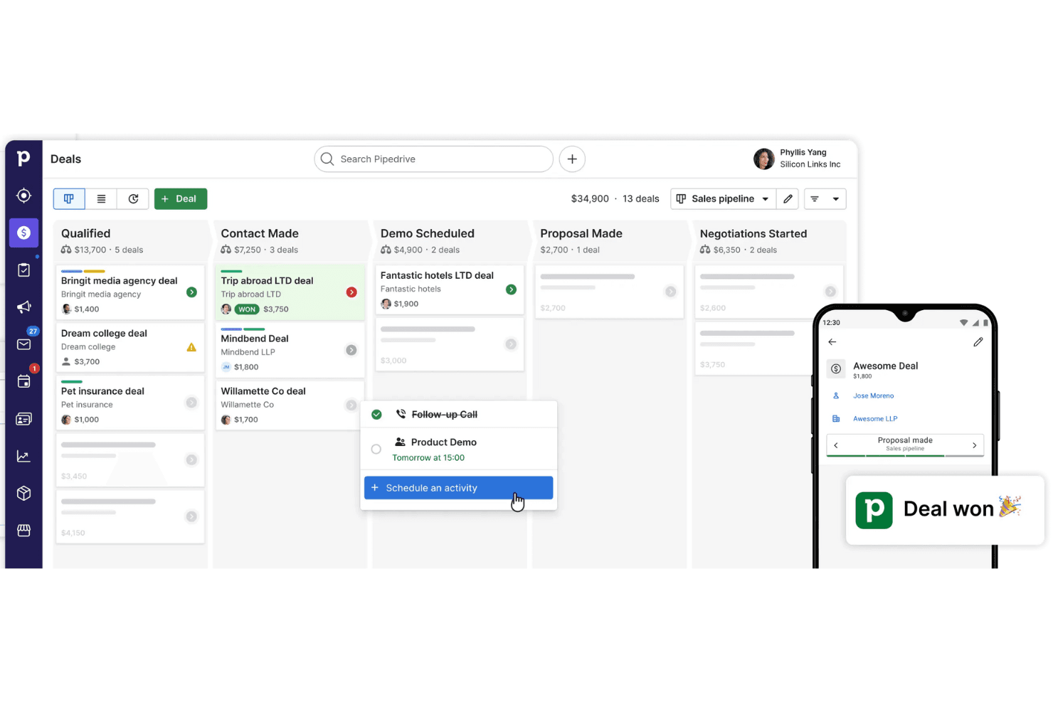 Pipedrive organizes deals, tracks clients, and syncs sales with accounting.
