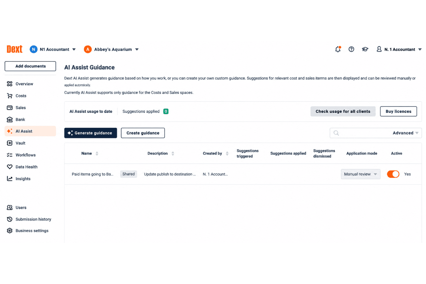 Dext AI Assist dashboard with bookkeeping recommendations.
