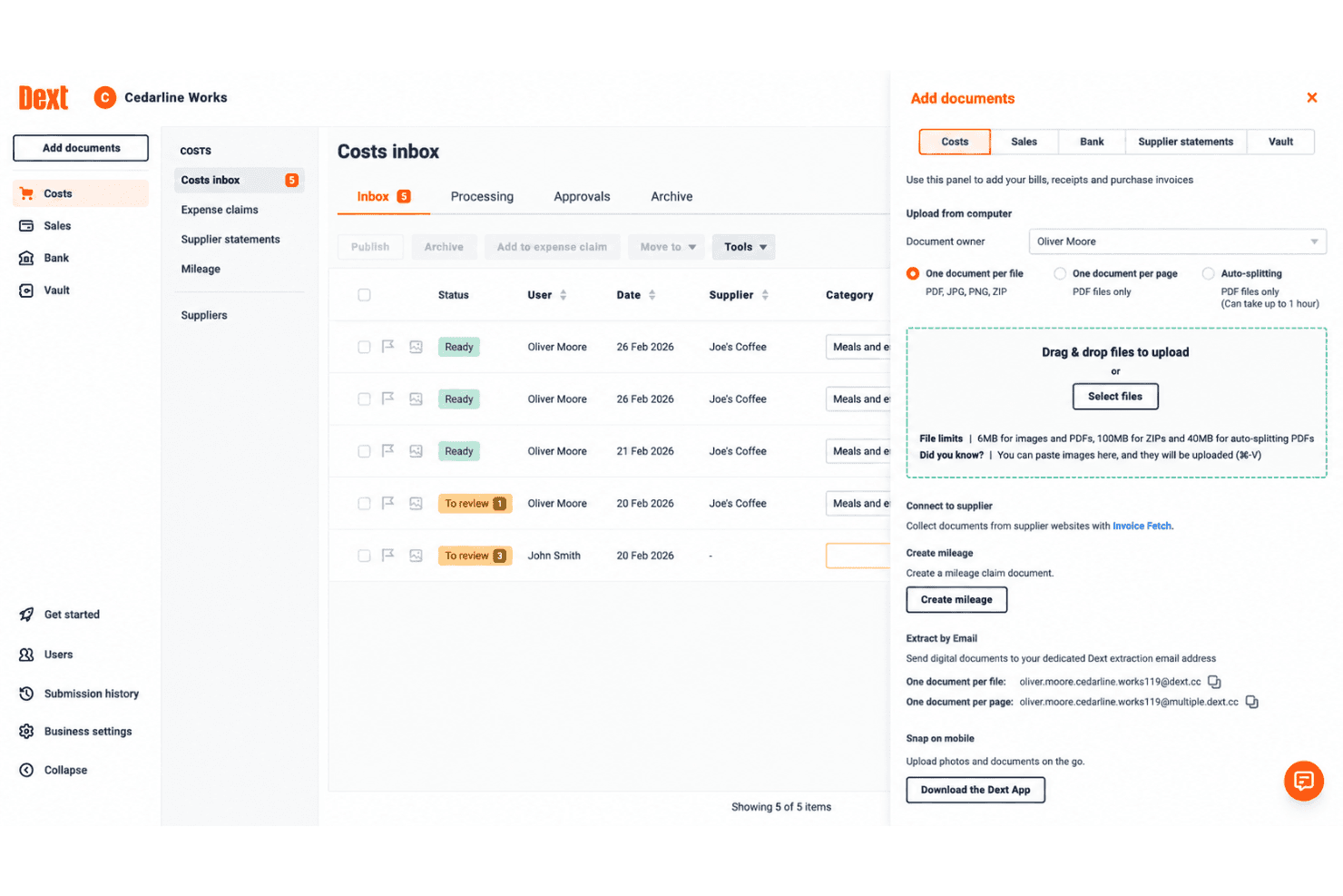 Dext receipt capture dashboard with extracted invoice data.