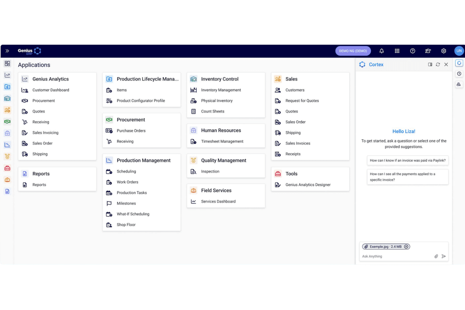 Genius ERP application dashboard