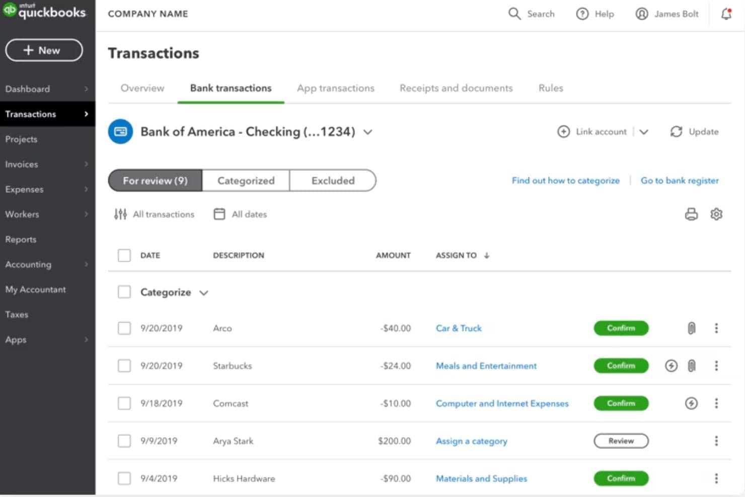 QuickBooks bank transactions screen showing categorized expenses awaiting review and confirmation.