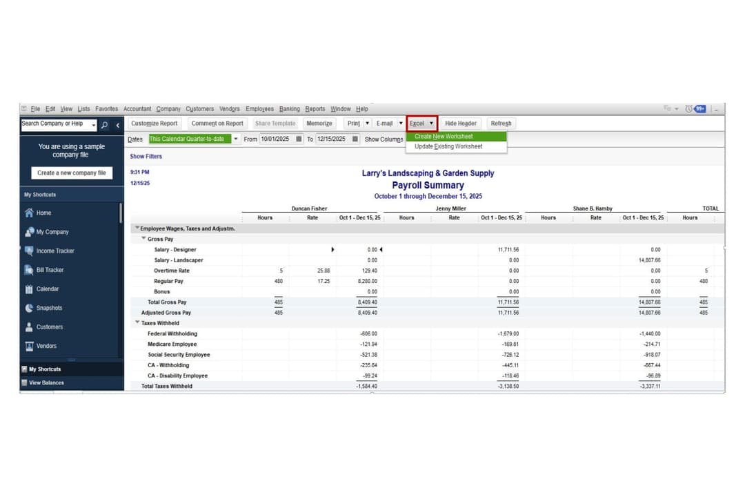 QuickBooks Workforce offers a Payroll Summary report with Excel export options, displaying employee wages, taxes, and deductions by pay period.