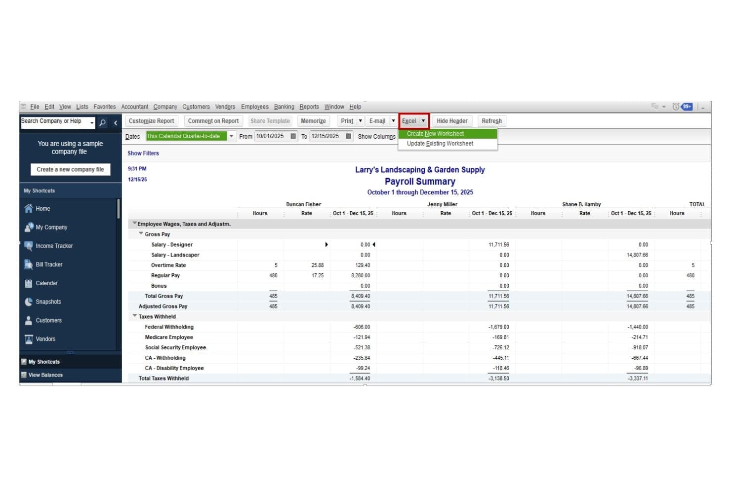 QuickBooks Workforce offers a Payroll Summary report with Excel export options, displaying employee wages, taxes, and deductions by pay period.