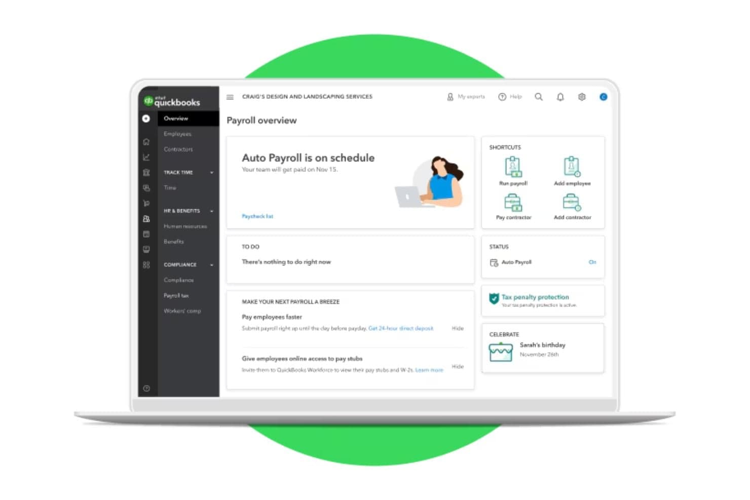 QuickBooks Workforce overview dashboard showing auto payroll status, shortcuts, and to-do list.