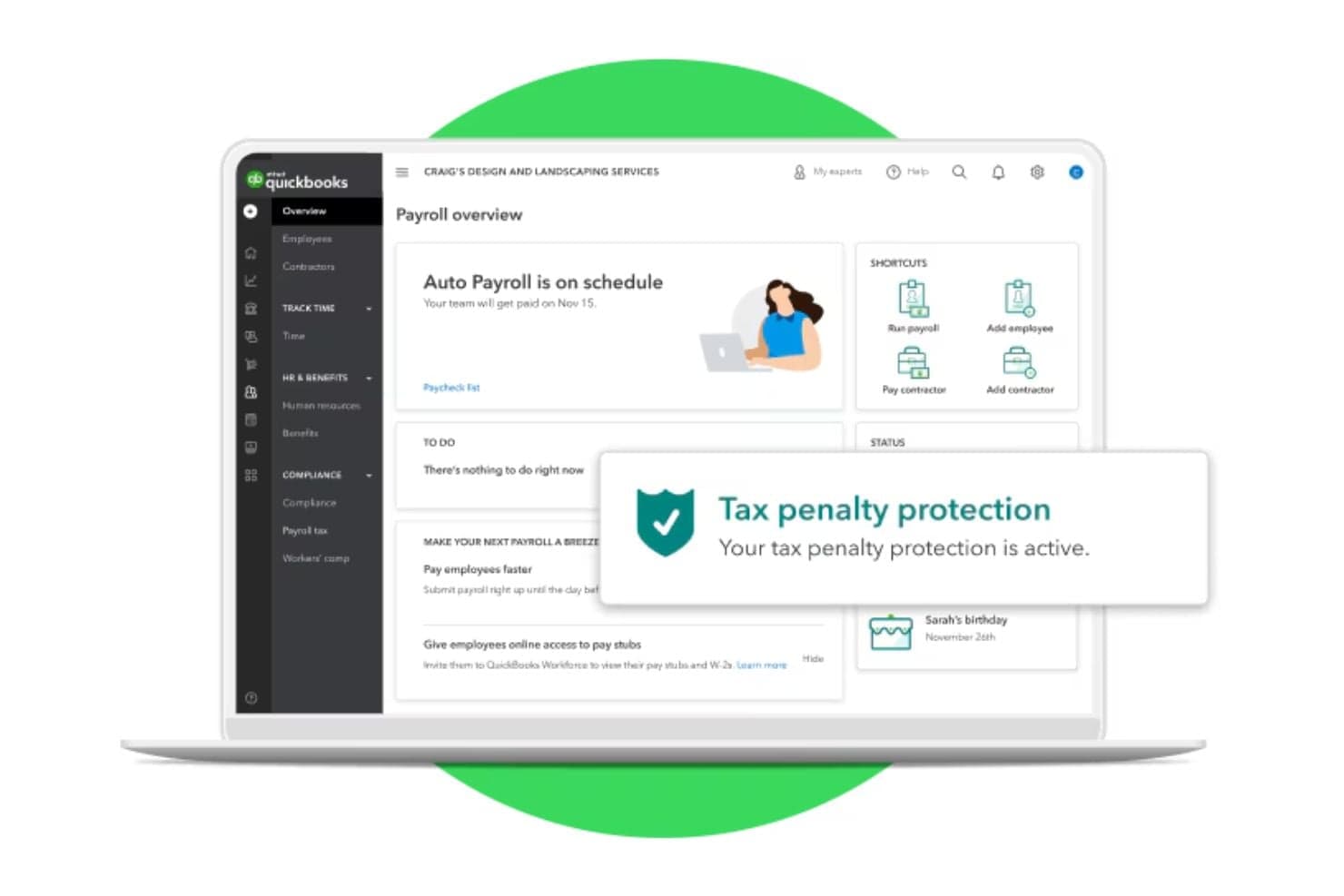 QuickBooks Workforce dashboard showing Auto Payroll schedule and active tax penalty protection popup.