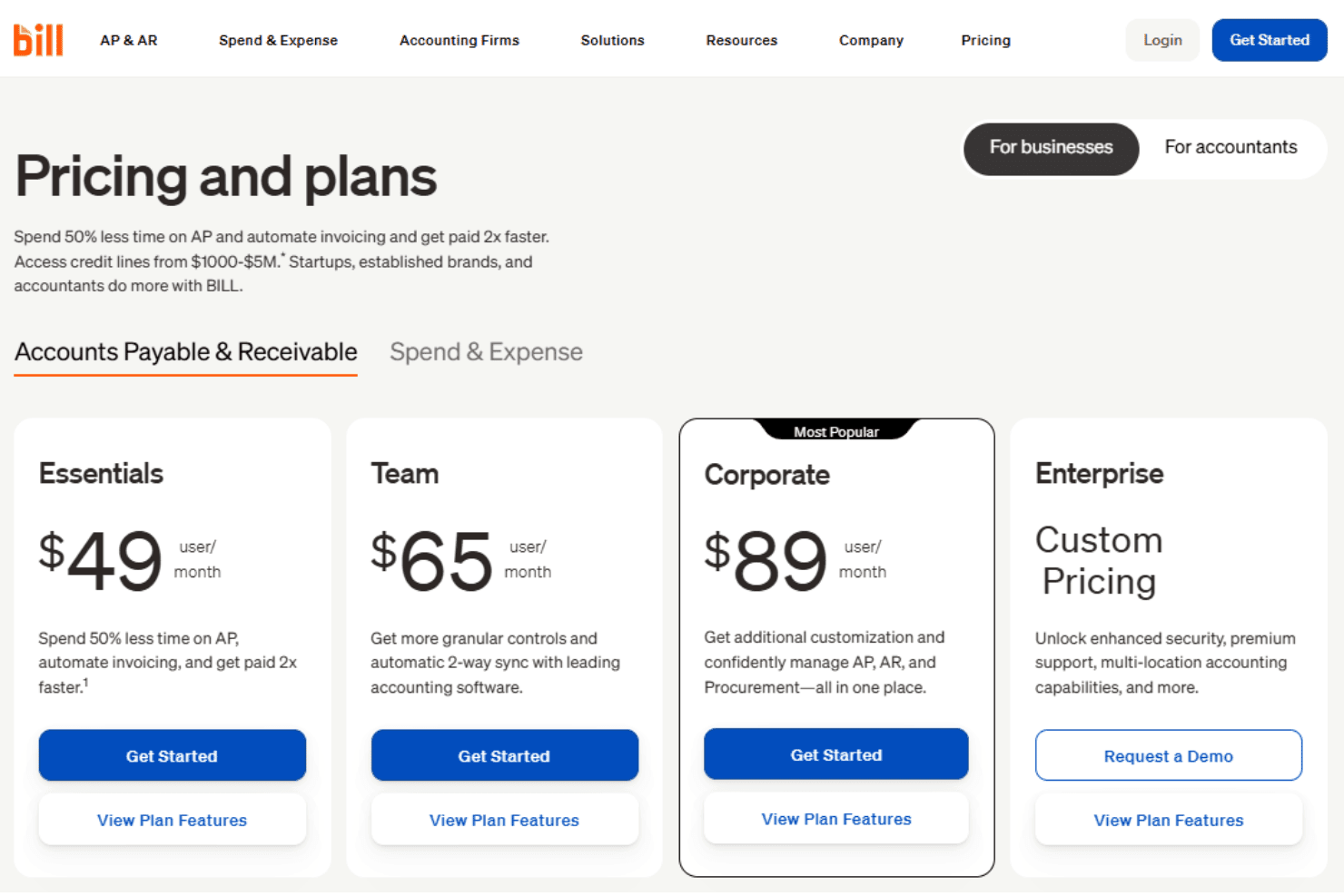 BILL pricing for AP, AR, spend management, and payment workflows.