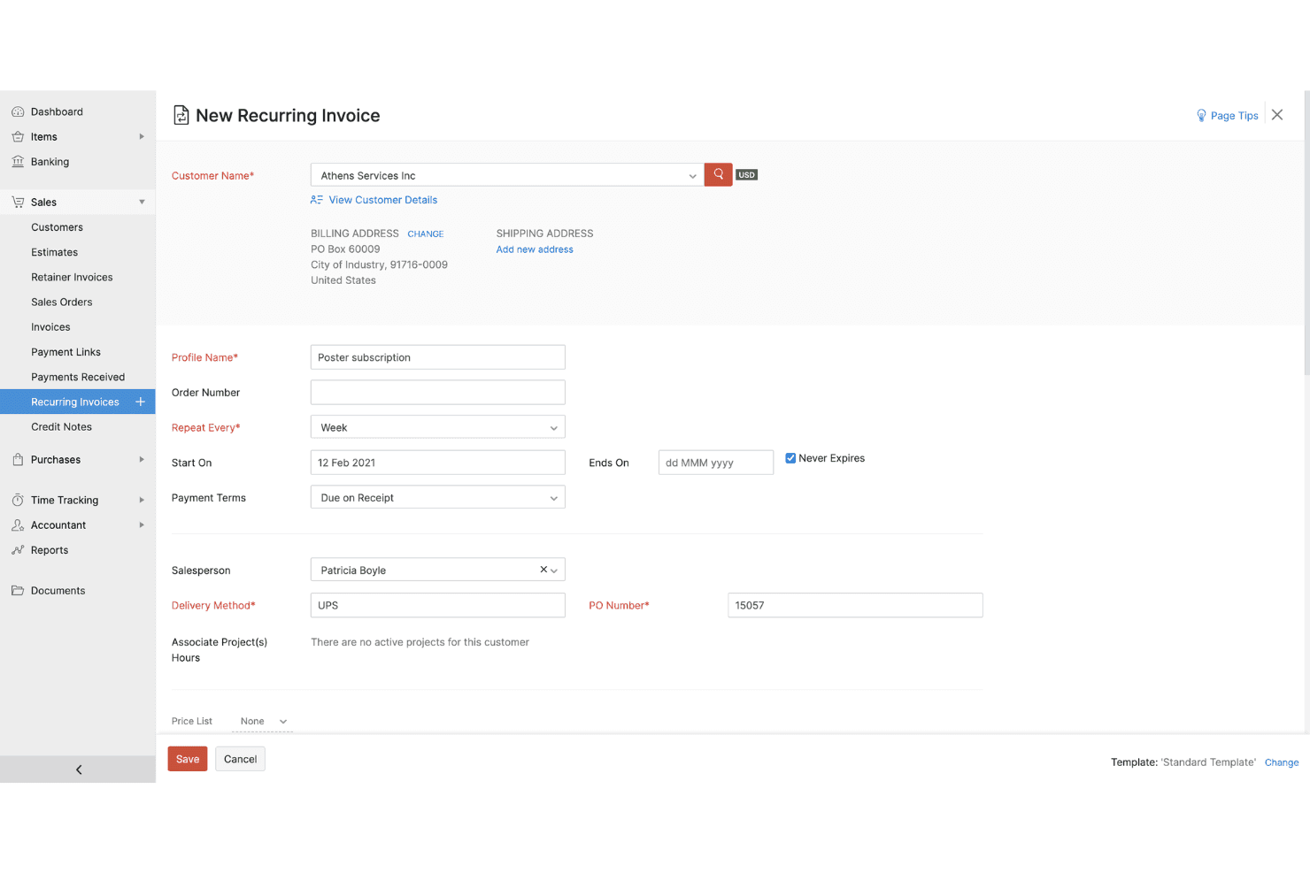 Zoho Books recurring invoices